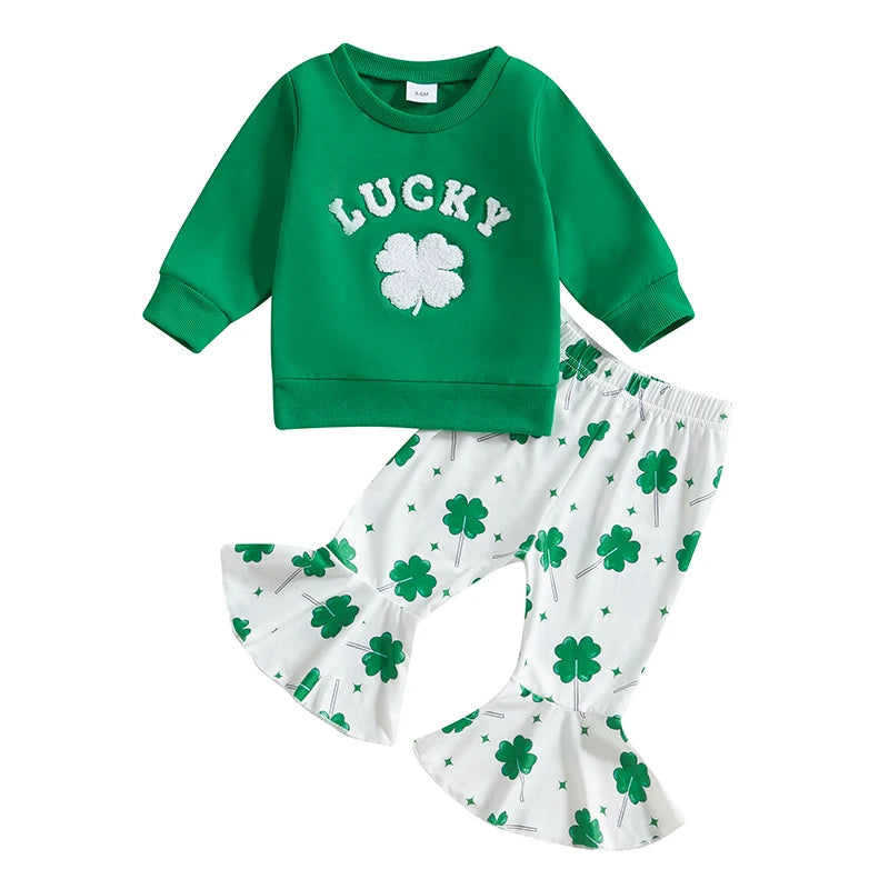 Baby Toddler Girls 2Pcs Lucky St. Patrick's Day Outfit Four Leaf Clover Long Sleeve Crewneck Top and Elastic Flare Pants Set Clothes