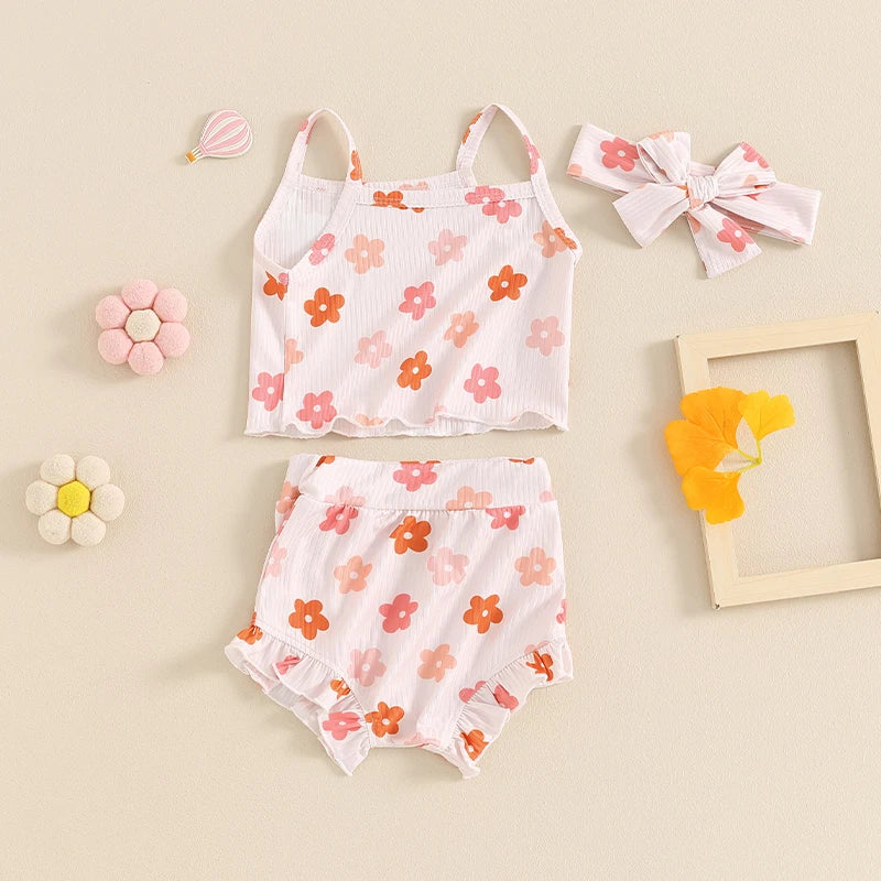 Baby Girls 3Pcs Outfit Floral Sleeveless Camisole Tank Top and Elastic Ruffle Shorts Headband Set Clothes