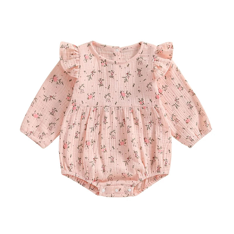 Baby Girls Autumn Romper Poof Sleeve O Neck Floral Flowers Print Frilly Romper