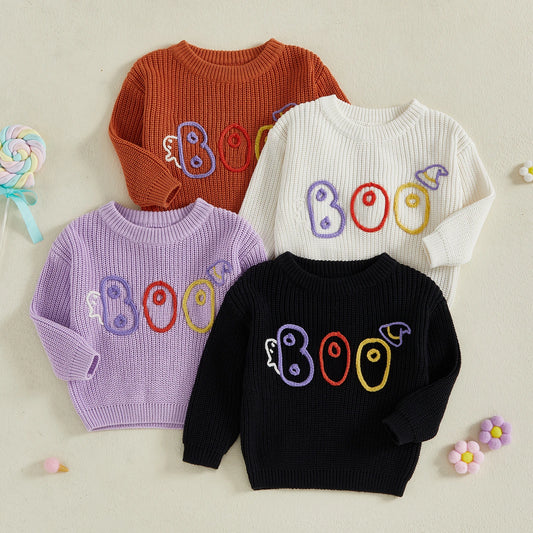 Baby Toddler Girls Boys Sweater Halloween Clothes Letter Boo Ghost Embroidery Long Sleeve Pullover Fall Top