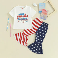 Load image into Gallery viewer, Baby Toddler Girl 2Pcs All American Babe 4th of July Outfit Letter Print Short Sleeve Top with Star Stripe Print Flare Pants Clothes Set
