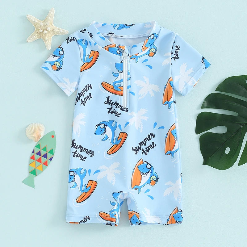 Baby Toddler Boys Swimwear Short Sleeve Cartoon Print Shark Whale Front Zipper Bathing Suit Swimsuit Romper