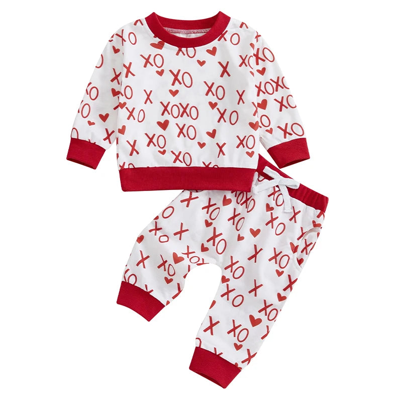 Baby Toddler Boys Girls 2Pcs Valentine's Day Outfit Heart Letter XOXO Love Long Sleeve Crewneck Top and Elastic Pants Valentines Jogger Set