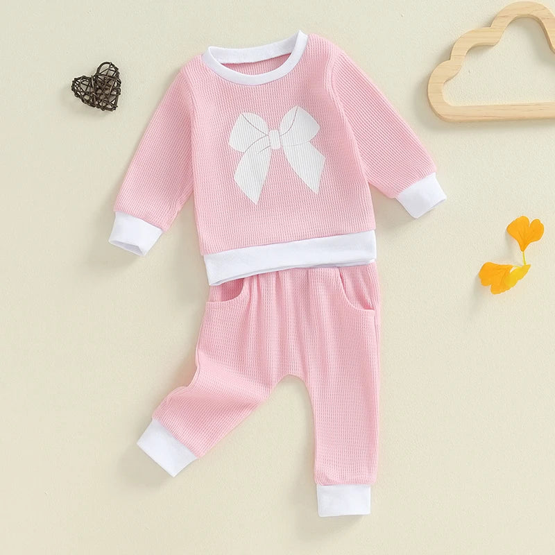 Baby Toddler Girls 2Pcs Fall Outfit Bow Print Crew Neck Long Sleeve Waffle Top and Long Pants Set