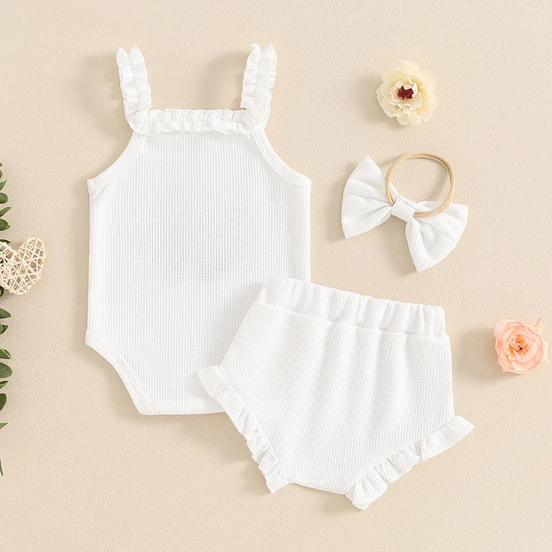 Baby Girl 3Pcs Summer Outfit Waffle Flower Embroidered Sleeveless Romper Ruffles Tank Top Shorts Headband 3Pcs Set