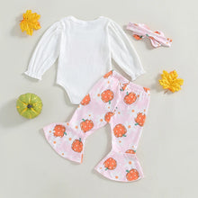 Load image into Gallery viewer, Baby Girls 3Pcs Mama&#39;s Pumpkin Halloween Outfit Letter Print Long Sleeve Romper and Pumpkin Print Flared Pants Headband Set
