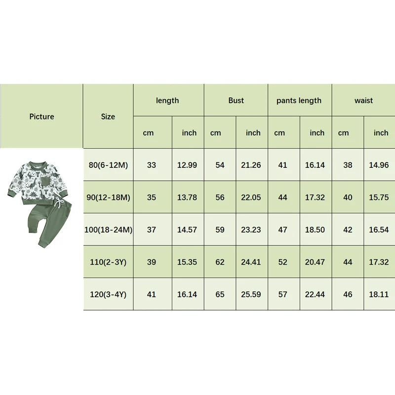 Baby Toddler Boys 2Pcs Outfit Long Sleeve Dinosaur Print Top with Elastic Waist Pants Fall Outfit Set