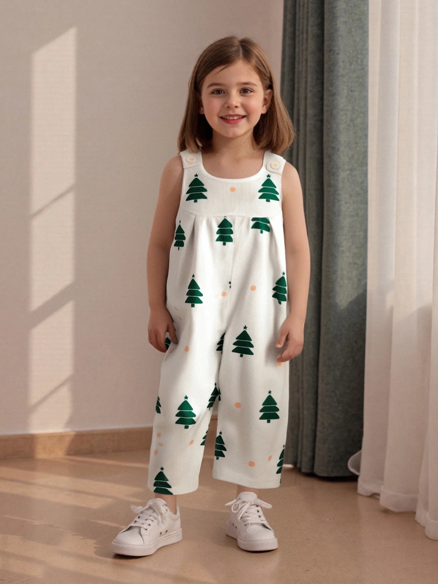 Baby Toddler Girls Boys Christmas Overalls Romper Christmas Tree Print Sleeveless Jumpsuit Suspender Pants