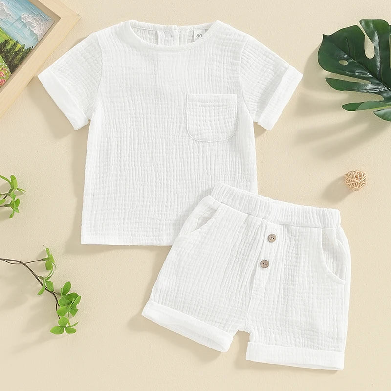 Baby Toddler Boys Girls 2Pcs Summer Clothes Set Solid Cotton Linen Pocket Short Sleeve Top + Button Pocket Shorts Beach Casual Outfit