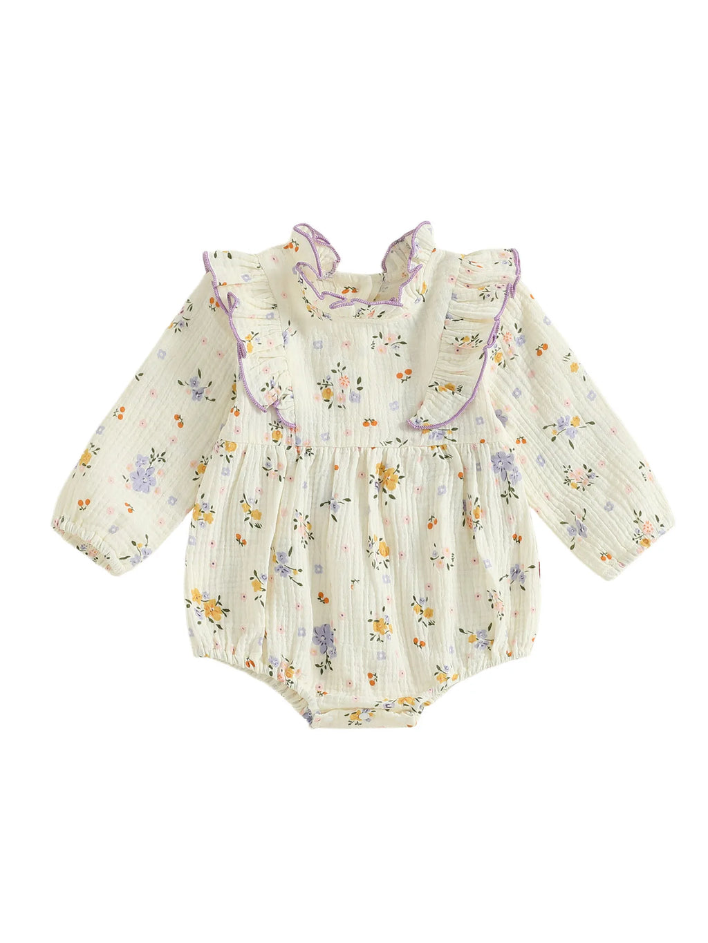 Baby Girl Fall Bubble Romper Floral Print Long Sleeve Frill Mock Neck Ruffled Jumpsuit