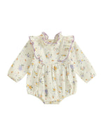 Baby Girl Fall Bubble Romper Floral Print Long Sleeve Frill Mock Neck Ruffled Jumpsuit