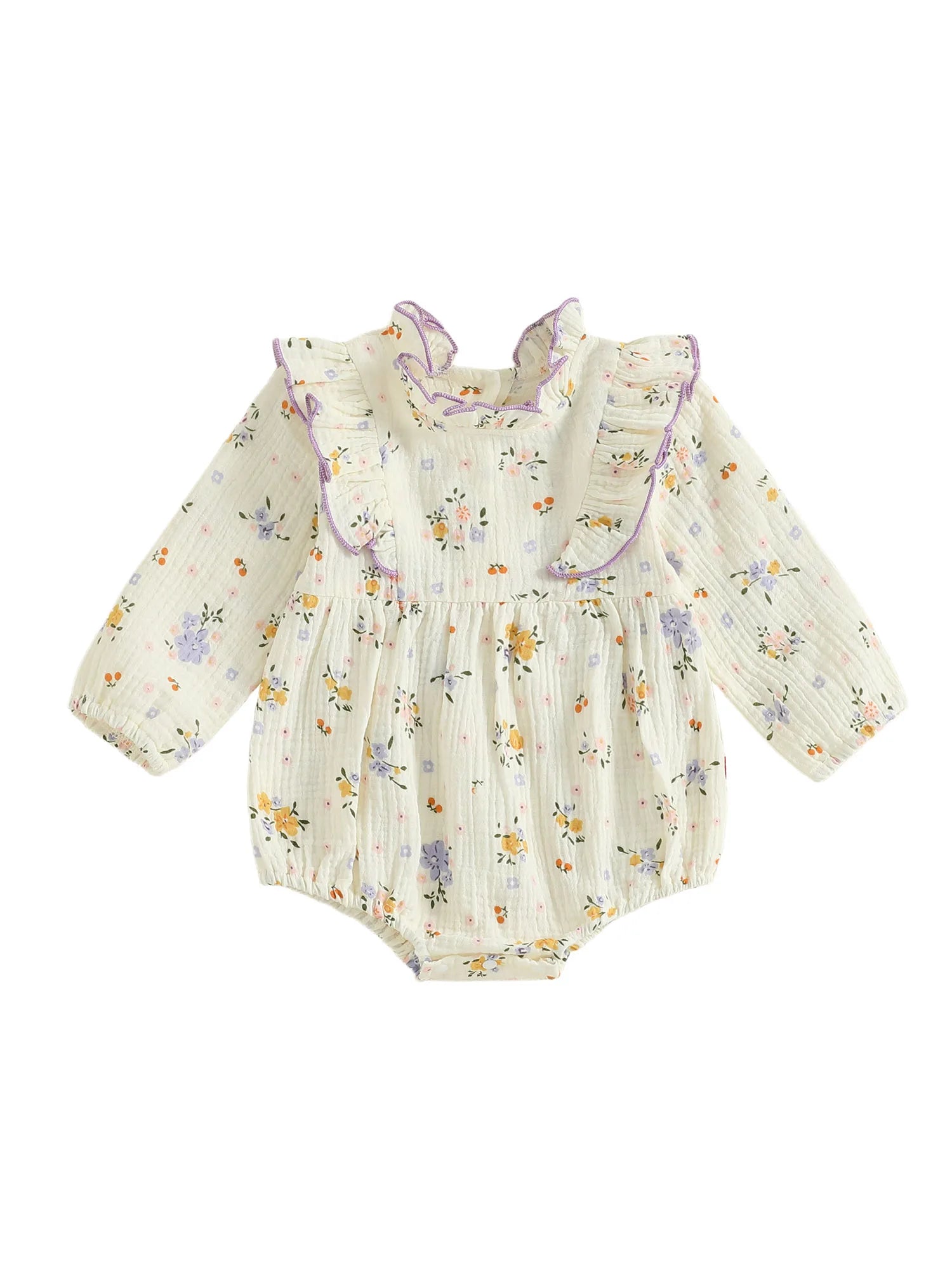 Baby Girl Fall Bubble Romper Floral Print Long Sleeve Frill Mock Neck Ruffled Jumpsuit