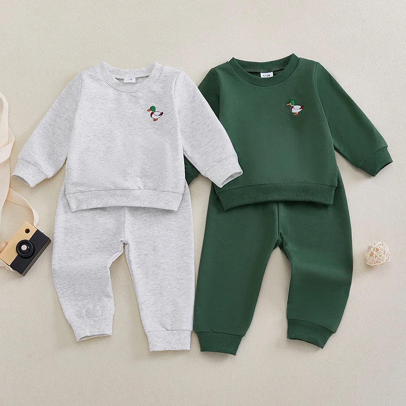 Baby Toddler Girl Boy 2Pcs Outfit Duck Embroidery Long Sleeve Crew Neck Top with Elastic Waist Pants Jogger Set