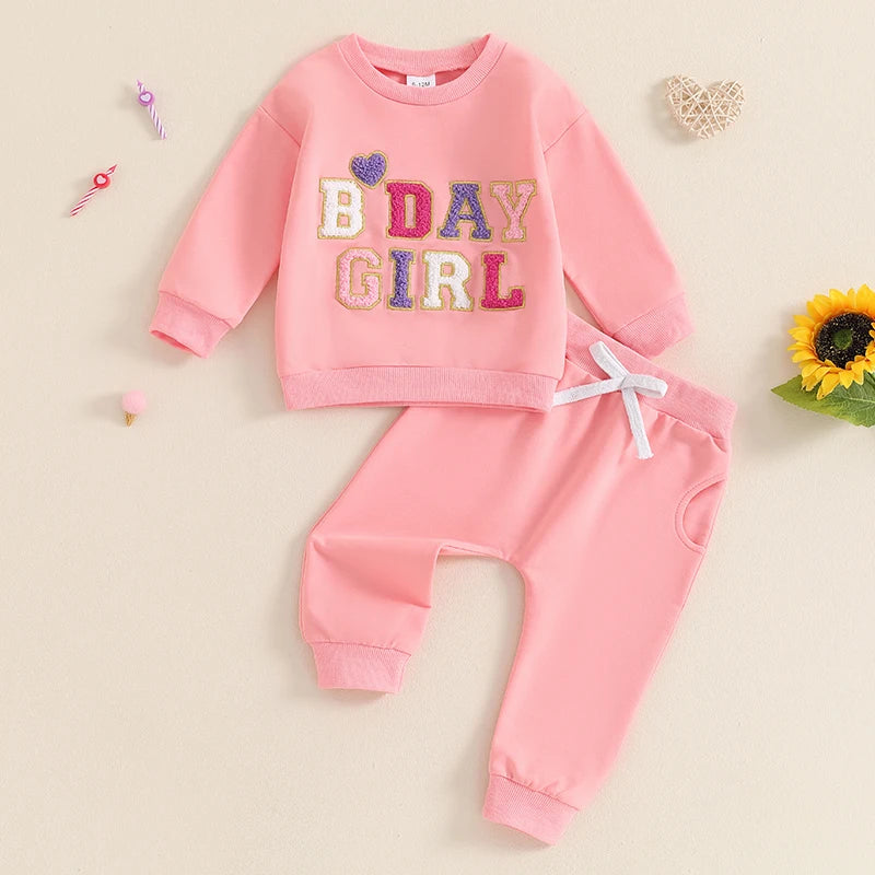 Baby Toddler Kids Girls 2Pcs Birthday Girl Outfit Long Sleeve Letter Embroidery Pullover + Pants Set