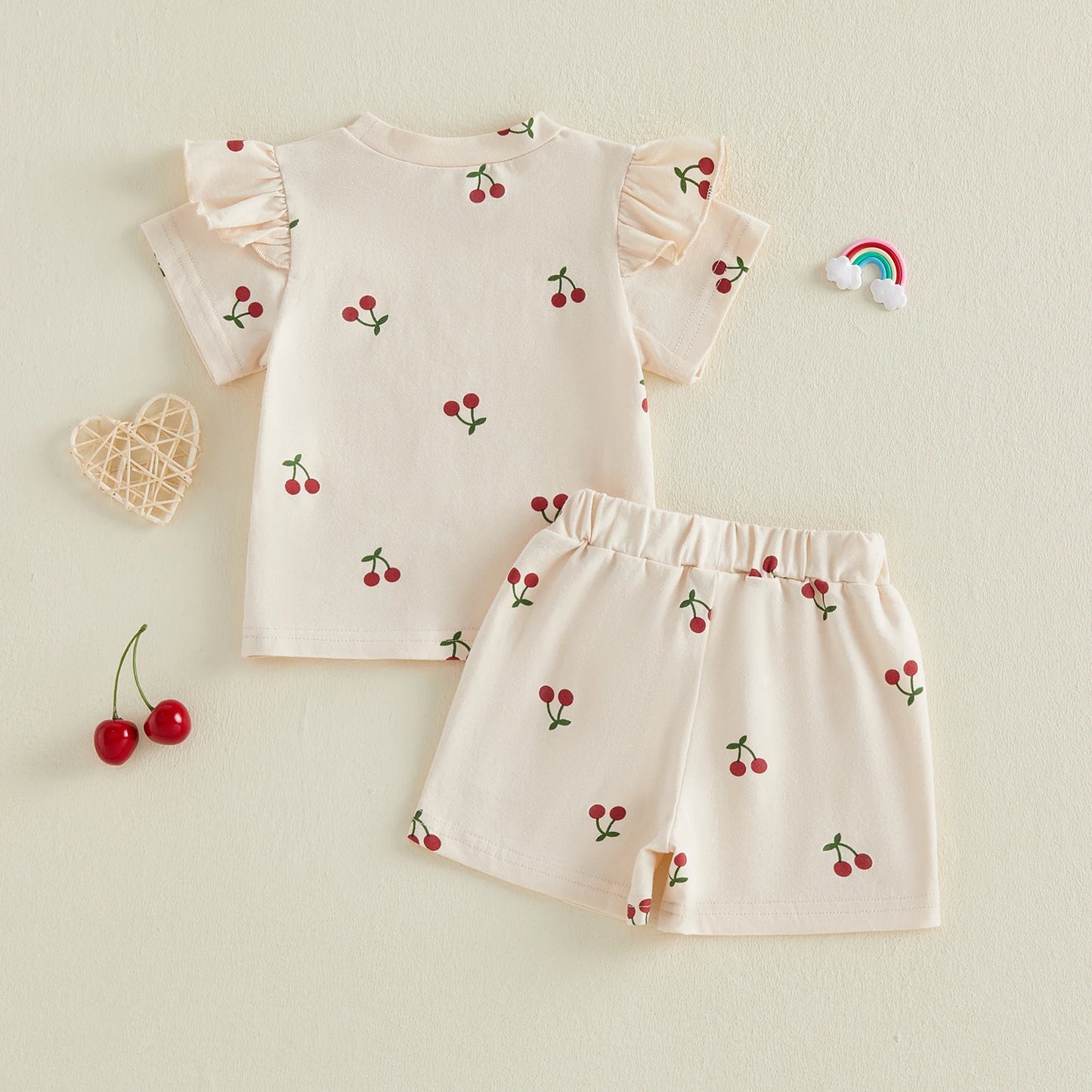 Baby Toddler Girls 2Pcs Summer Outfit Cherry Print Crew Neck Short Sleeve Top Elastic Waist Shorts Clothes Set