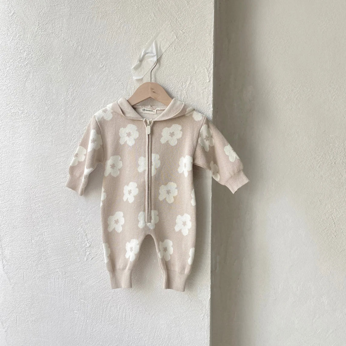 Floral Knitted Zip Up Hooded Jumpsuit Romper