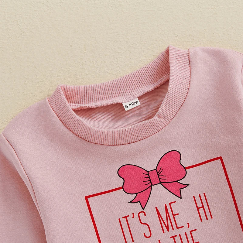 Baby Toddler Girls 2Pcs It's Me Hi I'm The Present It's Me Valentine's Day Outfit Bow Letter Print Crew Neck Long Sleeve Top Long Pants Valentines Jogger Set