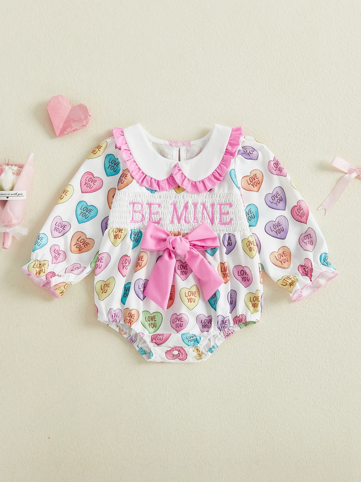 Baby Girl Be Mine Valentine's Day Romper Long Sleeve Doll Collar Letter Heart Candy Print Romper with Bow Decor
