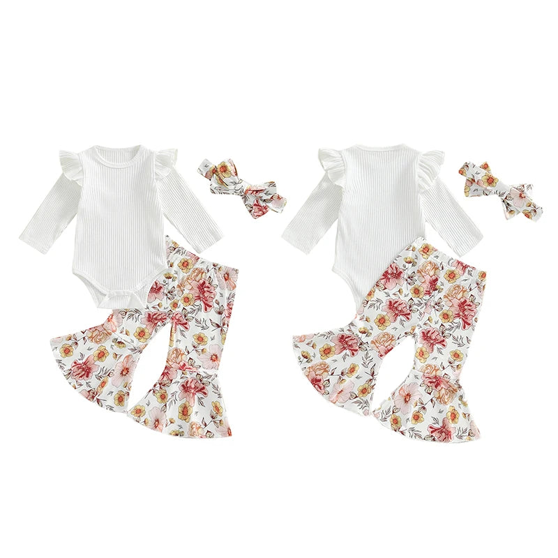 Baby Girls 3Pcs Fall Outfit Long Sleeve Ribbed Romper with Floral Flower Print Flare Pants and Headband Set