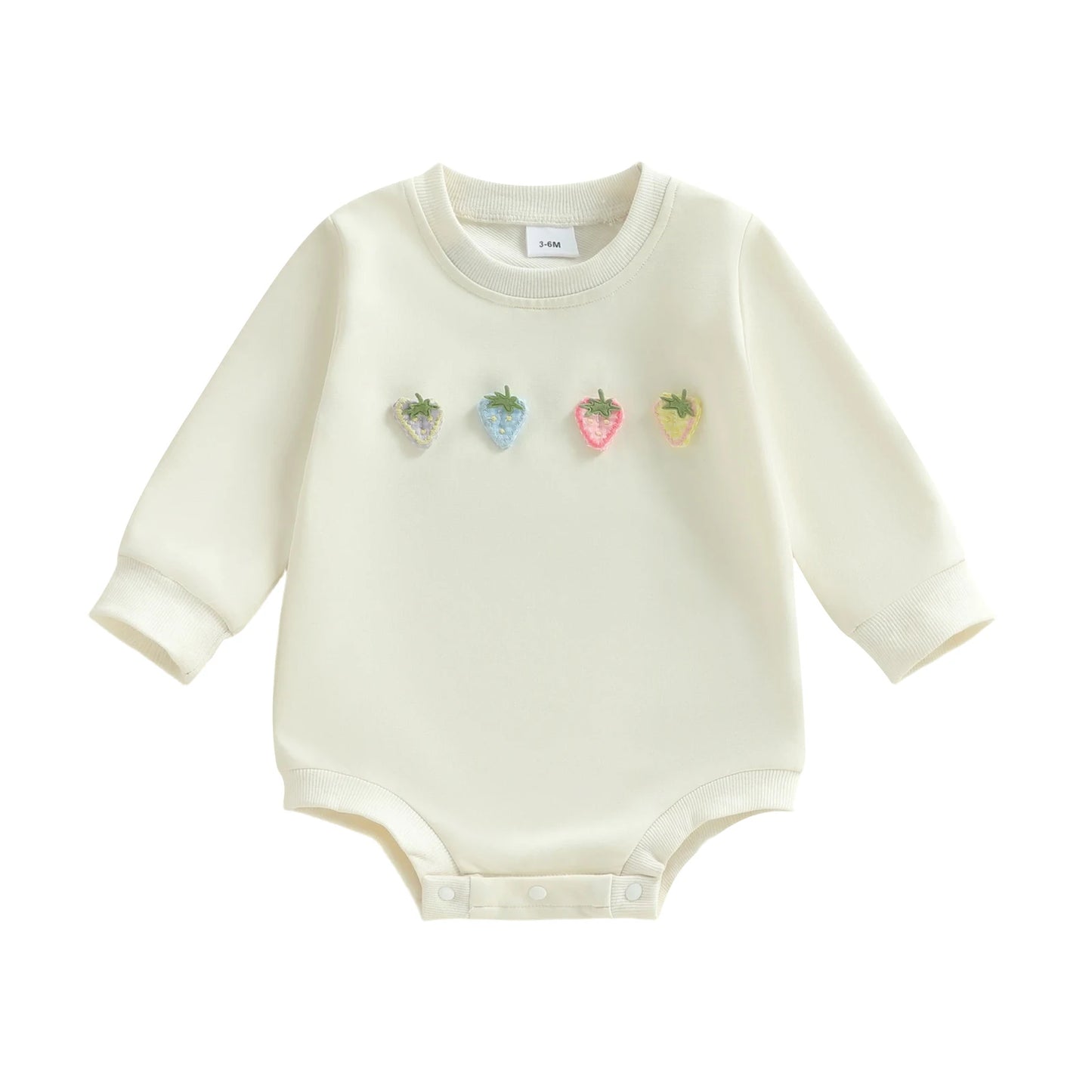Baby Girls Spring Romper Strawberry Flower Embroidery Long Sleeve Round Neck Bubble Jumpsuit