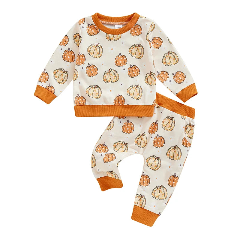 Baby Toddler Girls Boys 2Pcs Fall Set Pumpkin Print Long Sleeve Round Neck Top Long Pants Outfit