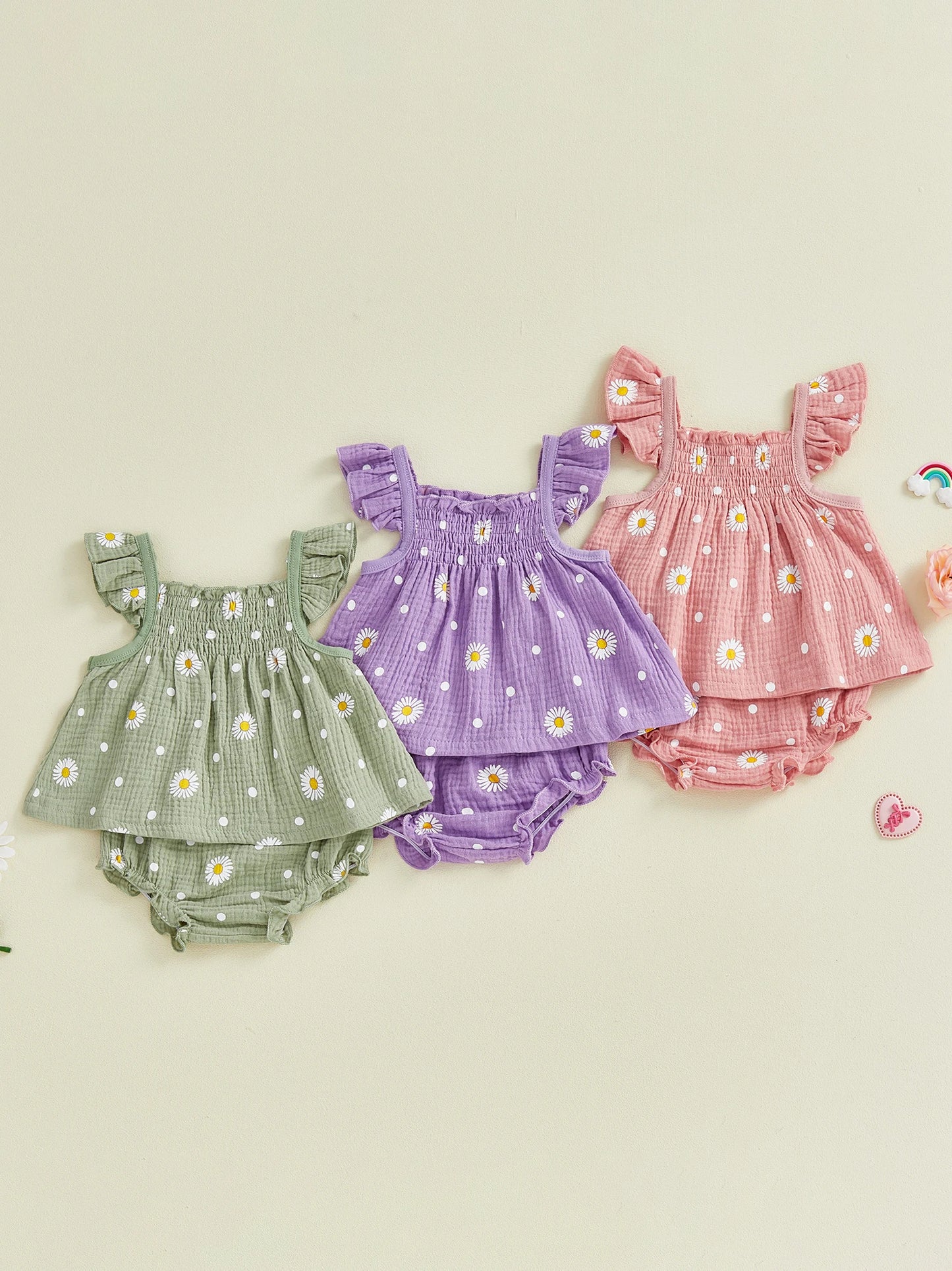 Baby Toddler Girls 2Pcs Summer Outfit Sleeveless Square Collar Daisy Print Ruffled Top and Bloomers Shorts 2 Piece Set