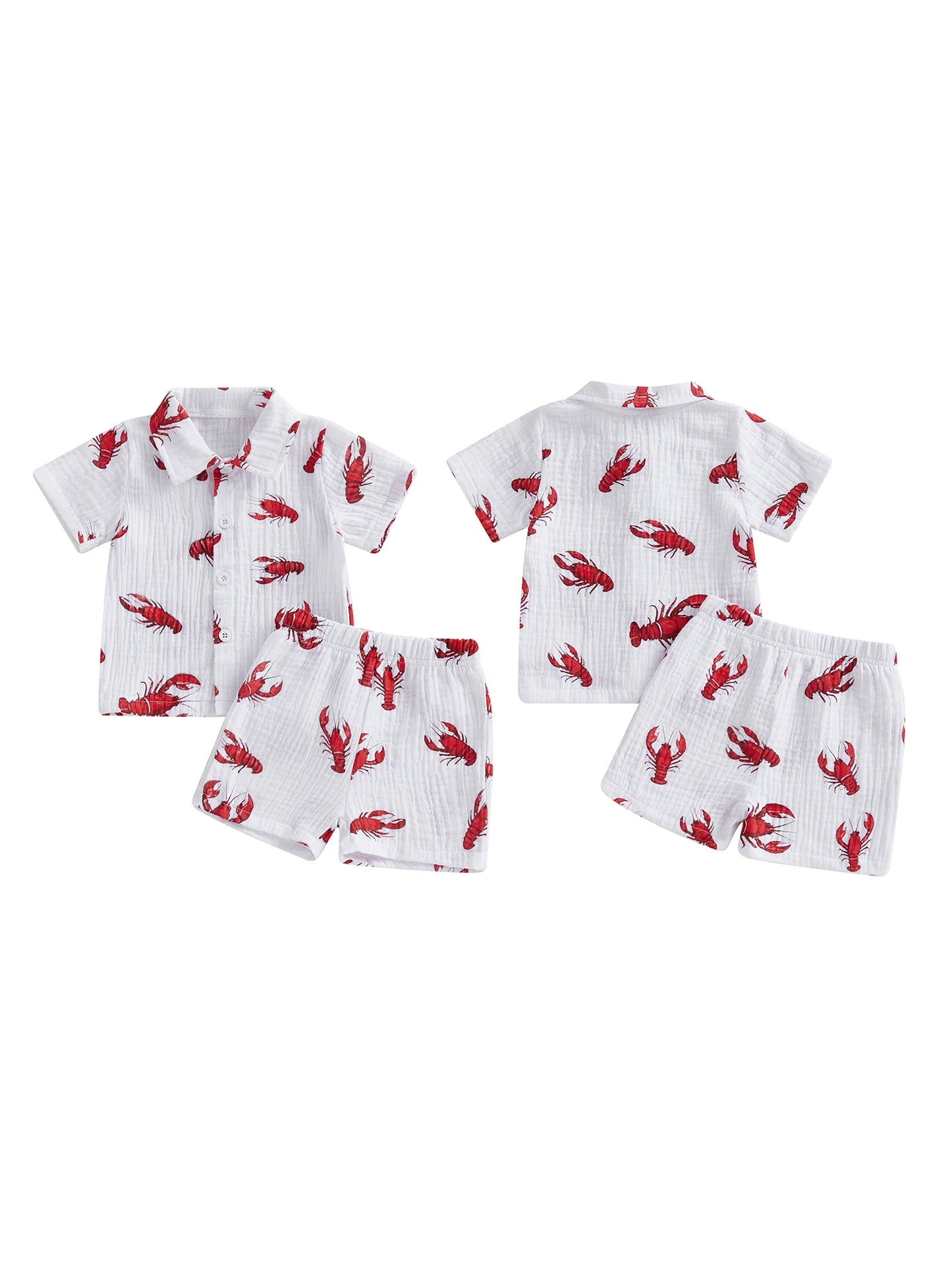 Baby Toddler Boys 2Pcs Set Dinosaur Bus Lobster Print Short Sleeve Button Up Shirt with Elastic Waist Shorts Set Summer Outfit