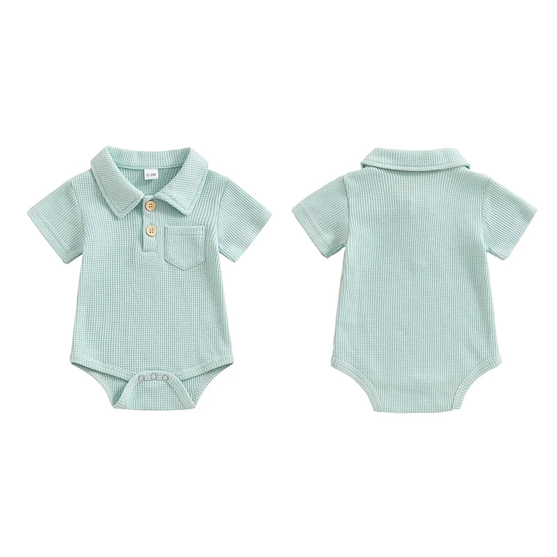 Baby Boys Romper Short Sleeve Lapel Button Up Collar Pocket Solid Color Waffle Casual Bodysuit