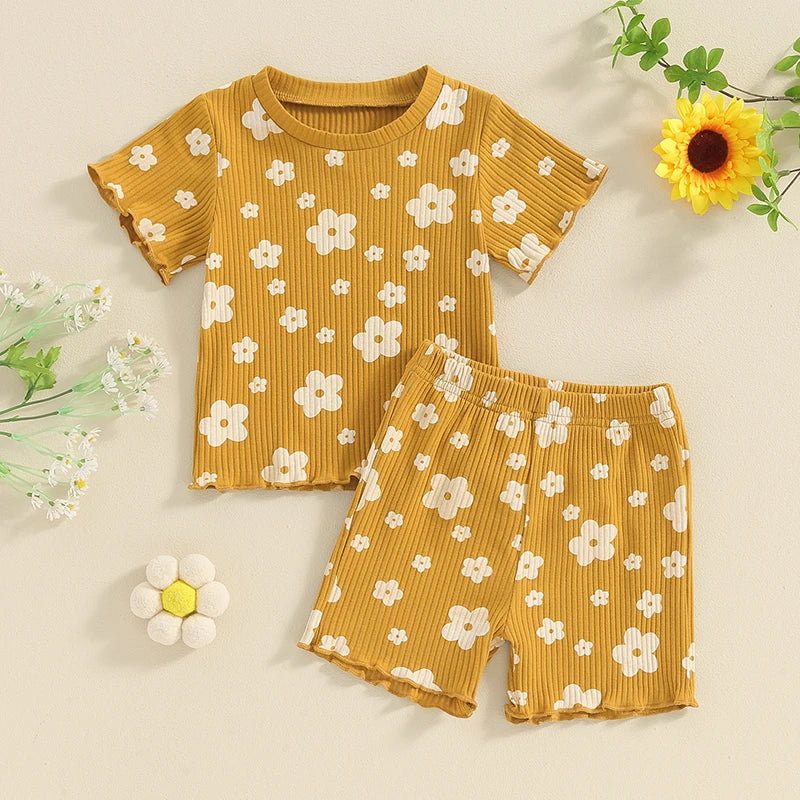 Toddler Baby Girl 2Pcs Spring Summer Flower Butterfly Print Clothes Ruffle Ribbed Short Sleeve Tops + Matching Shorts Outfit Set