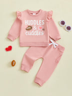 Baby Toddler Girls 2Pcs Fall Outfit Huddle & Cuddles Long Sleeve Bow Football Print Top + Pants Jogger Set Clothes
