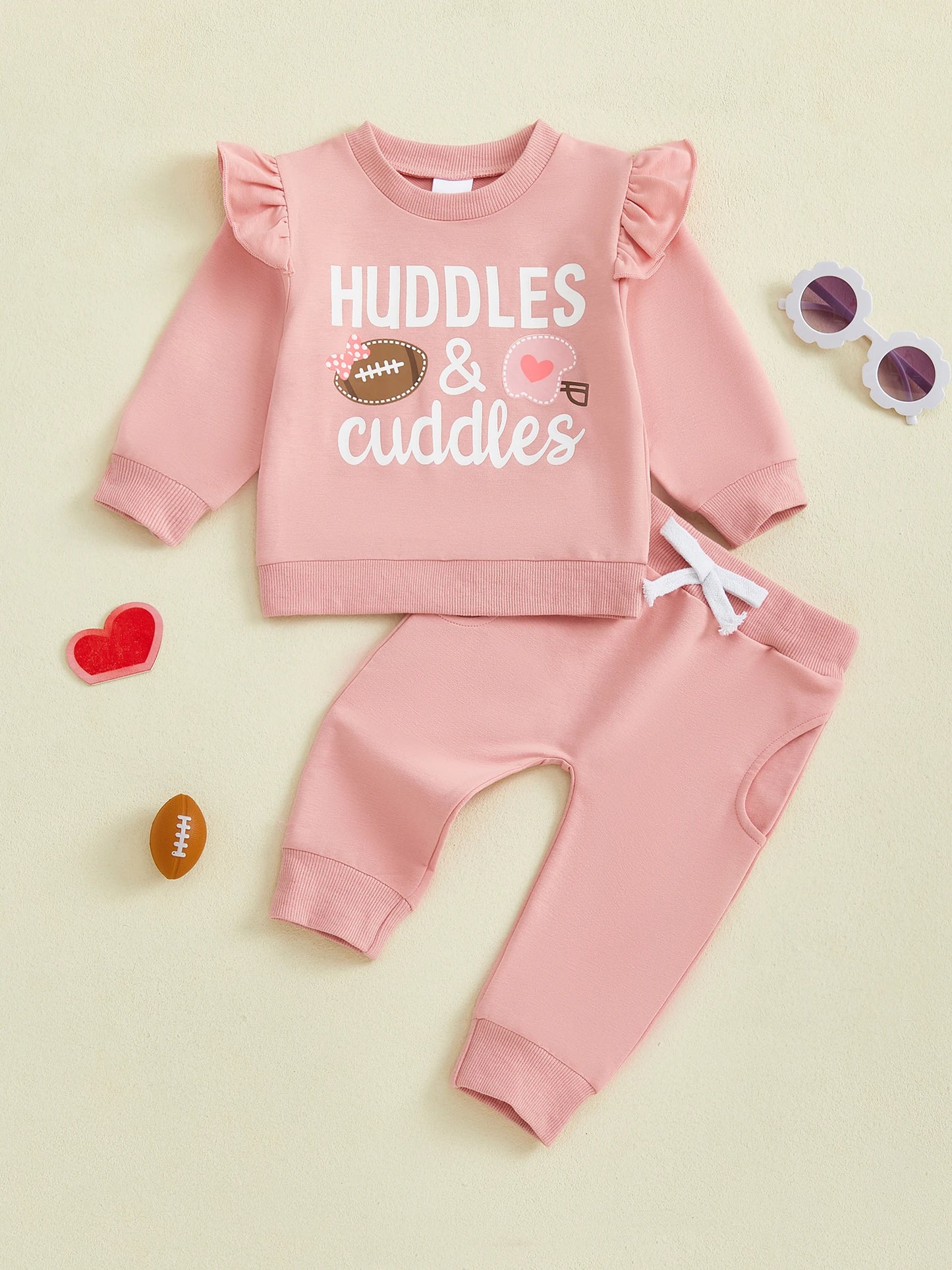 Baby Toddler Girls 2Pcs Fall Outfit Huddle & Cuddles Long Sleeve Bow Football Print Top + Pants Jogger Set Clothes
