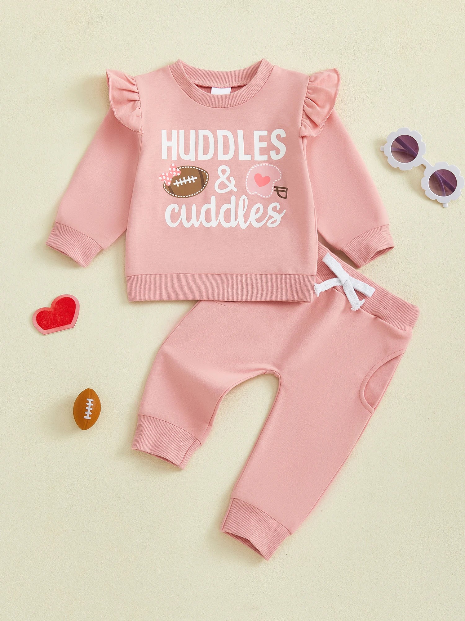 Baby Toddler Girls 2Pcs Fall Outfit Huddle & Cuddles Long Sleeve Bow Football Print Top + Pants Jogger Set Clothes