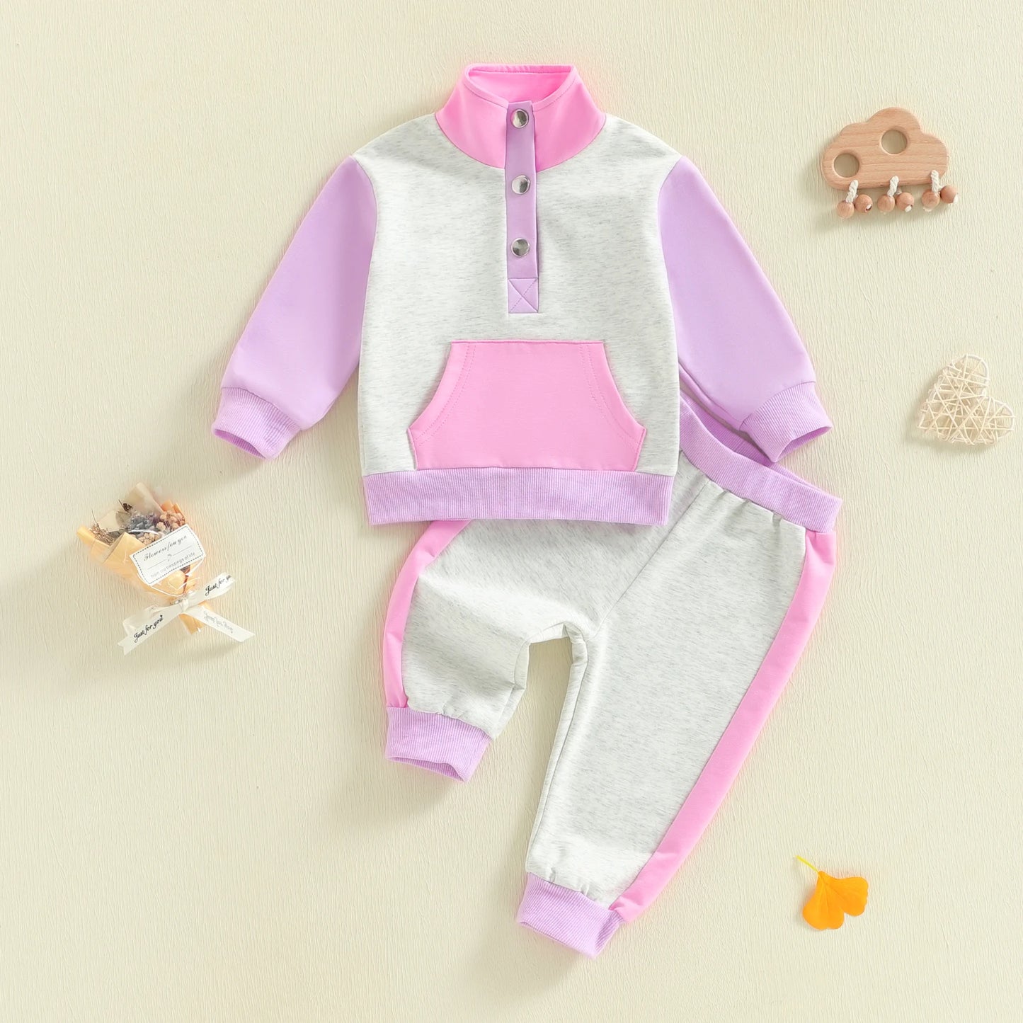 Baby Toddler Boys Girls 2Pcs Clothing Jogger Set Contrast Color Long Sleeve Collar Quarter Button Up Pullover with Pants Outfit