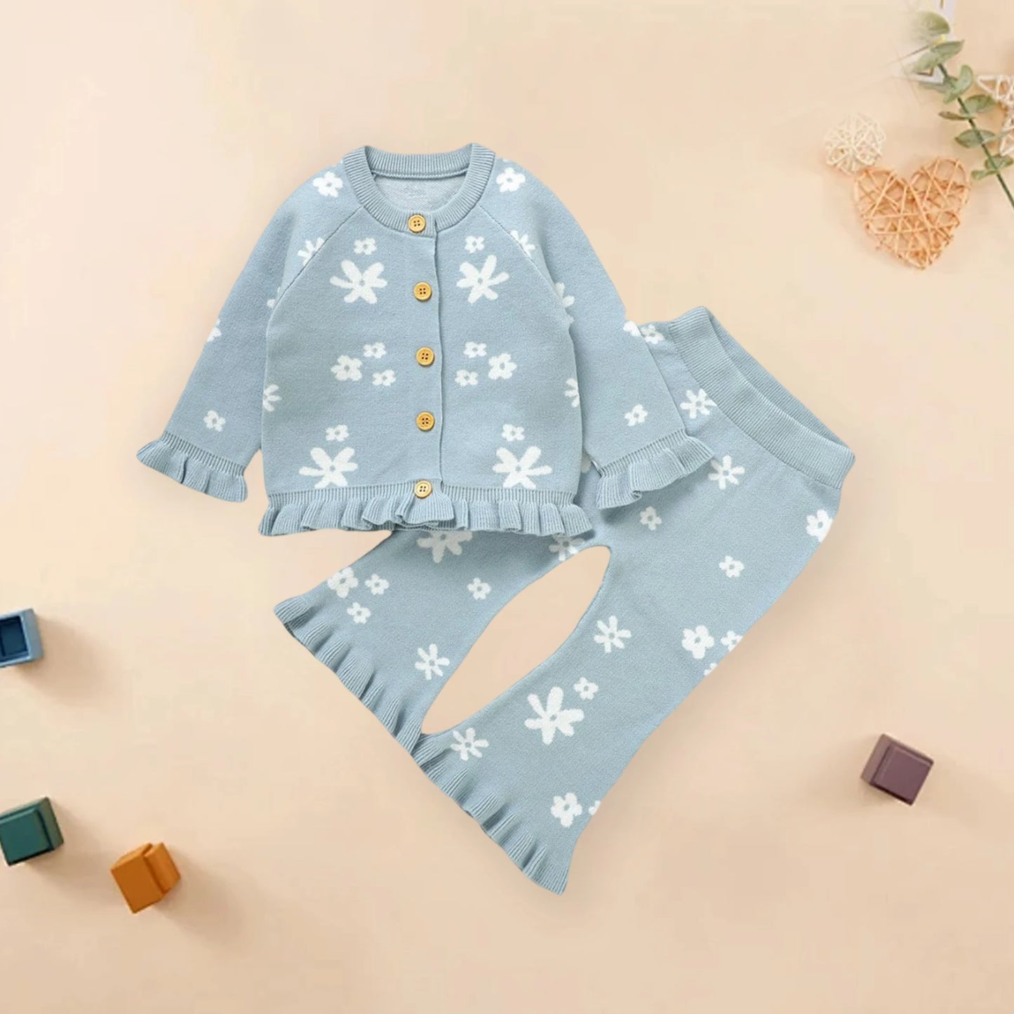 Baby Toddler Girl 2Pcs Fall Outfits Long Sleeve Floral Print Knit Cardigan Tops Flare Pants Set Toddler Clothes