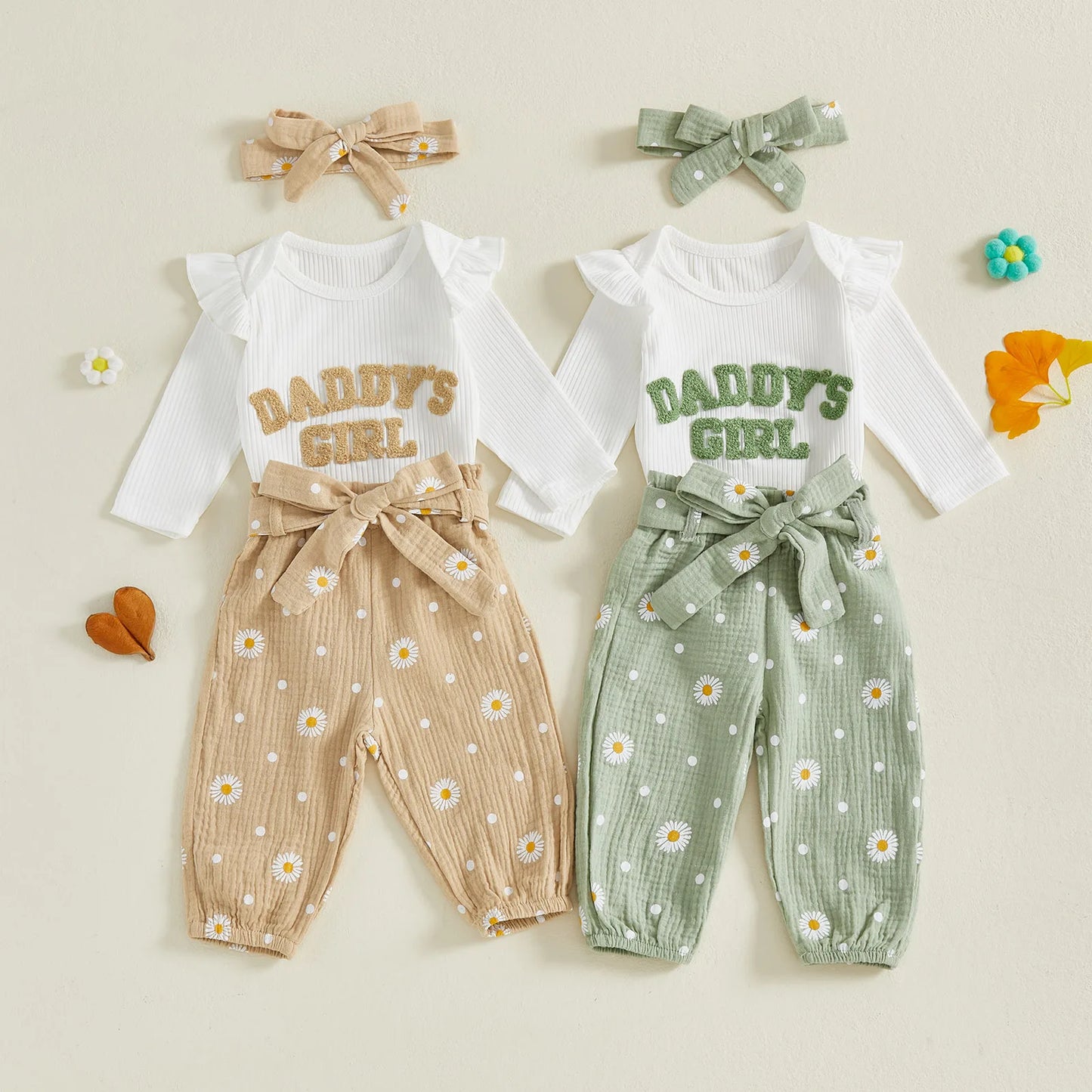 Baby Toddler Girls 3Pcs Daddy's Girl Fall Outfit Letter Embroidery Long Sleeve Romper Daisy Print Pants with Belt and Headband Set
