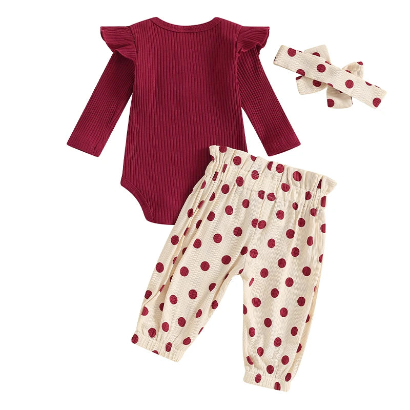 Baby Girls 3Pcs Fall Outfit Solid Color Crew Neck Long Sleeve Romper Polka Dot Print Long Pants Headband Set