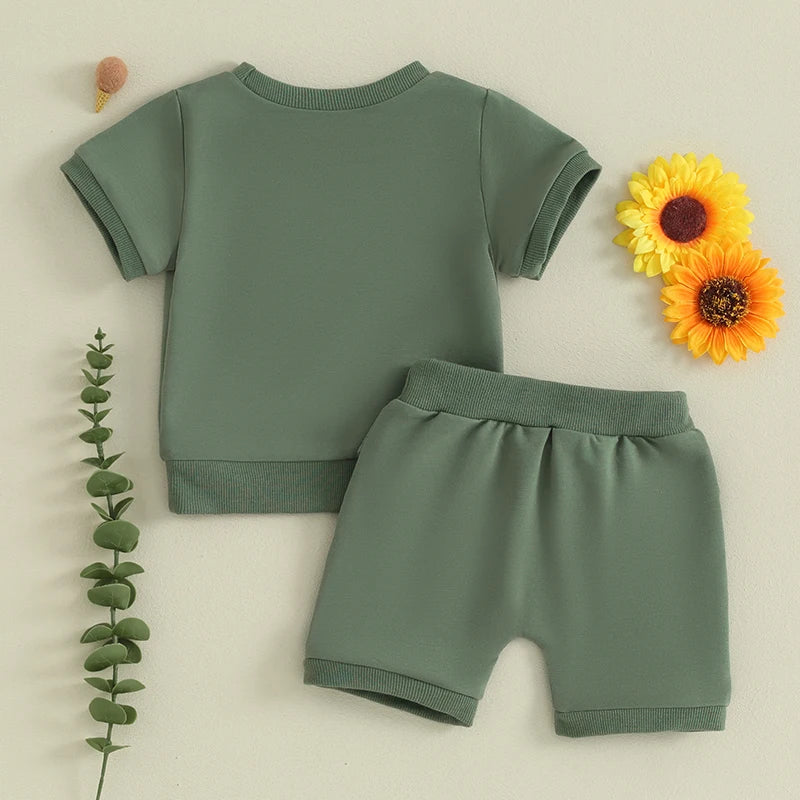 Baby Toddler Boy Girl 2Pcs Spring Summer Clothes Solid Color Short Sleeve O-Neck Top with Matching Shorts Set Outfit