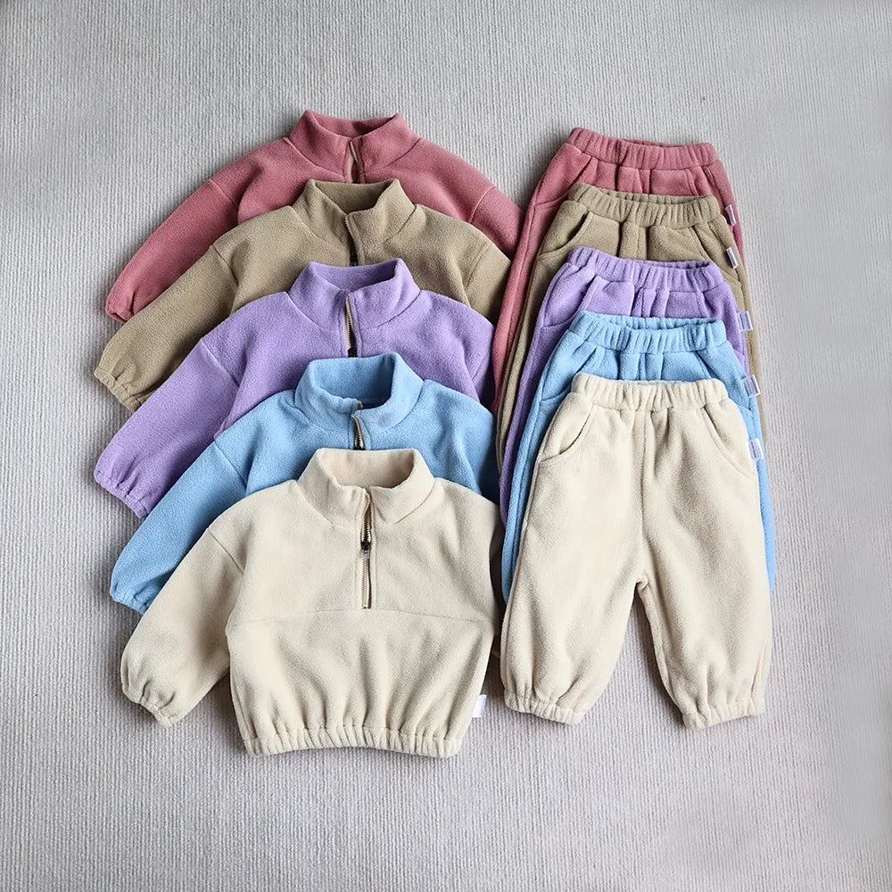 Baby Toddler Boys Girls 2Pcs Sports Sets Fleece Solid Long Sleeve Top Quarter Zip Elastic Waist Pants Outfit