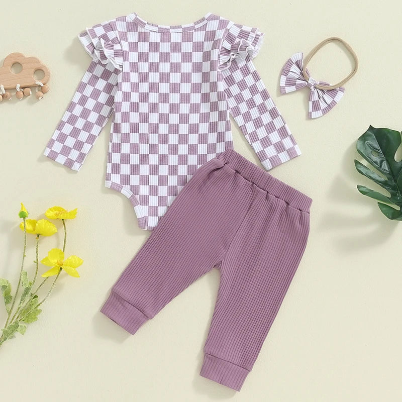 Baby Girls 3Pcs Fall Outfit Checkered Print Long Sleeve Romper Solid Color Long Pants Headband Set