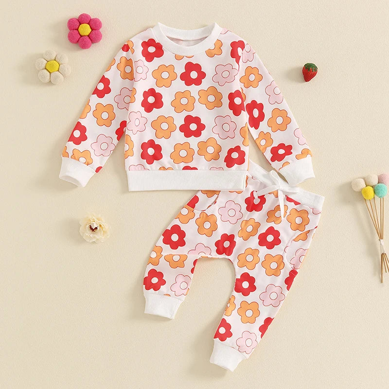 Baby Toddler Kids Girls 2Pcs Fall Outfit Floral Strawberry Flower Print Crew Neck Long Sleeve Top and Long Pants Clothes Set