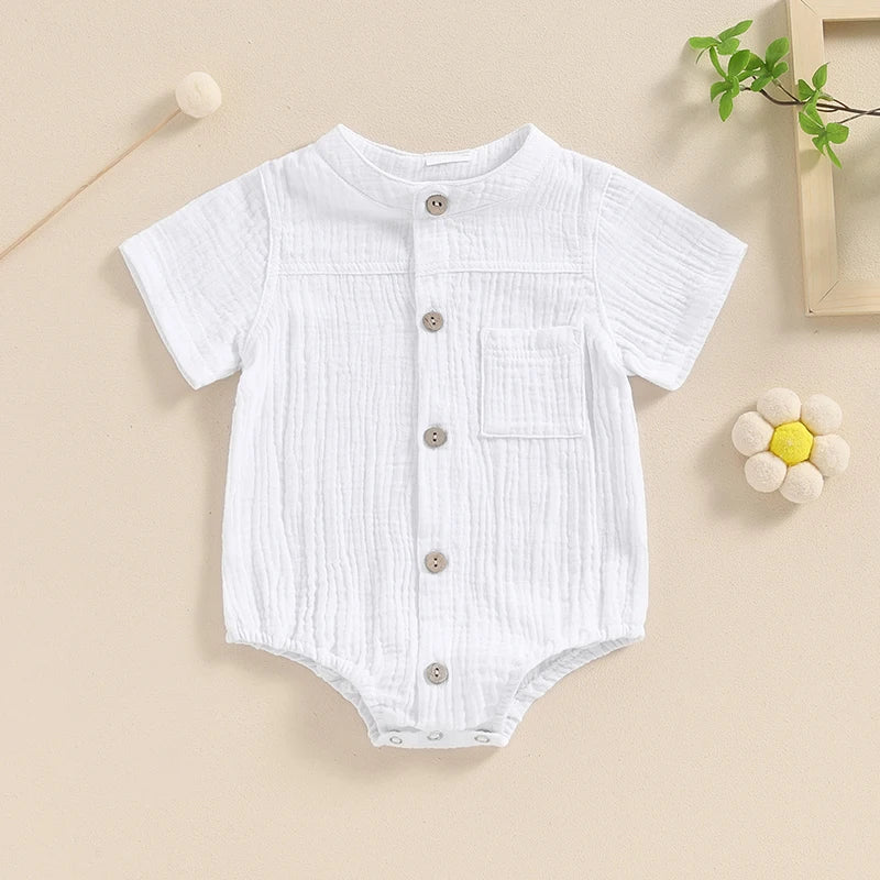 Baby Boy Romper Casual Button Down Round Neck Short Sleeve Jumpsuit