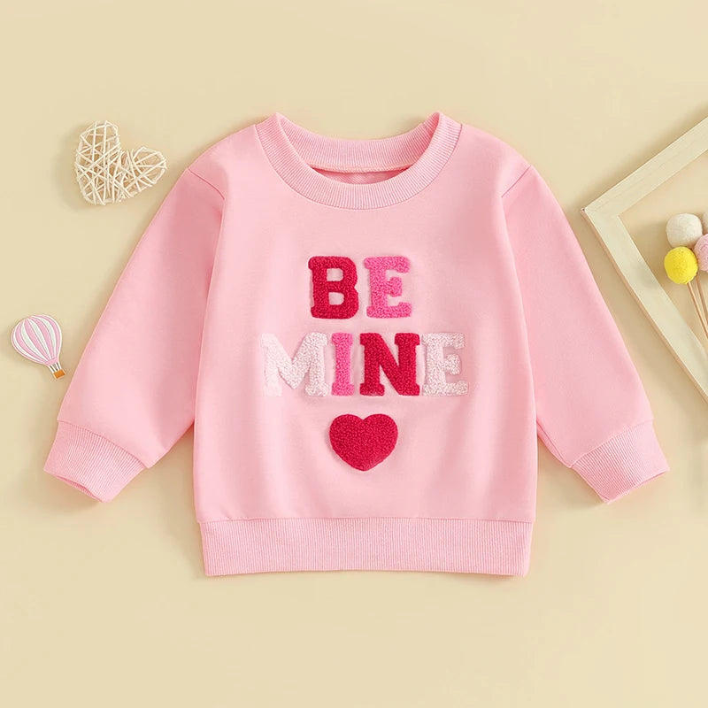 Baby Toddler Girl Valentine's Day Long Sleeve Letter Sweet / Be Mine / Kiss Me Heart Embroidery Crewneck Top