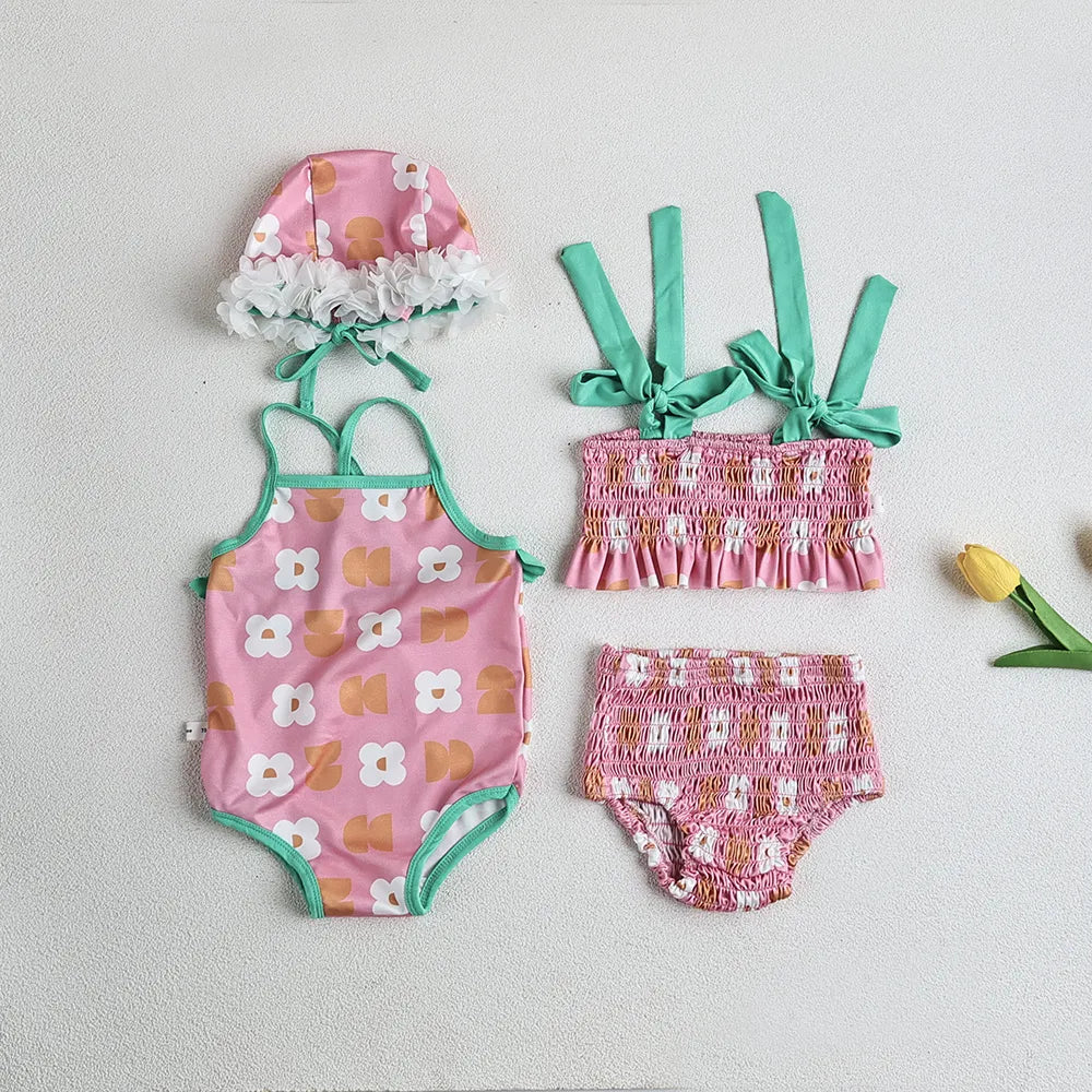 Baby Girls Floral Bandage Swimsuit With Hat Set