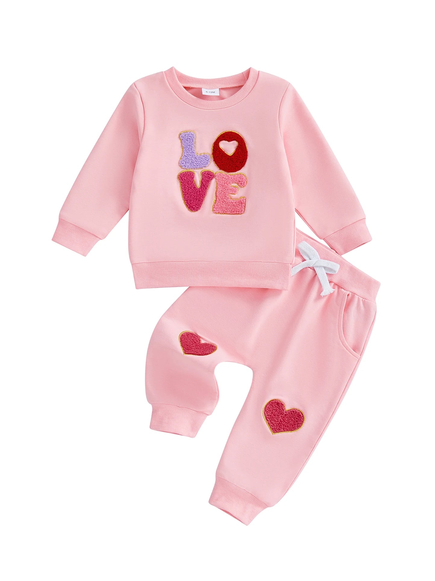 Baby Toddler Girls 2Pcs Valentine's Outfit LOVE Letter Embroidered Long Sleeve Top and Heart Embroidered Pants Jogger Set