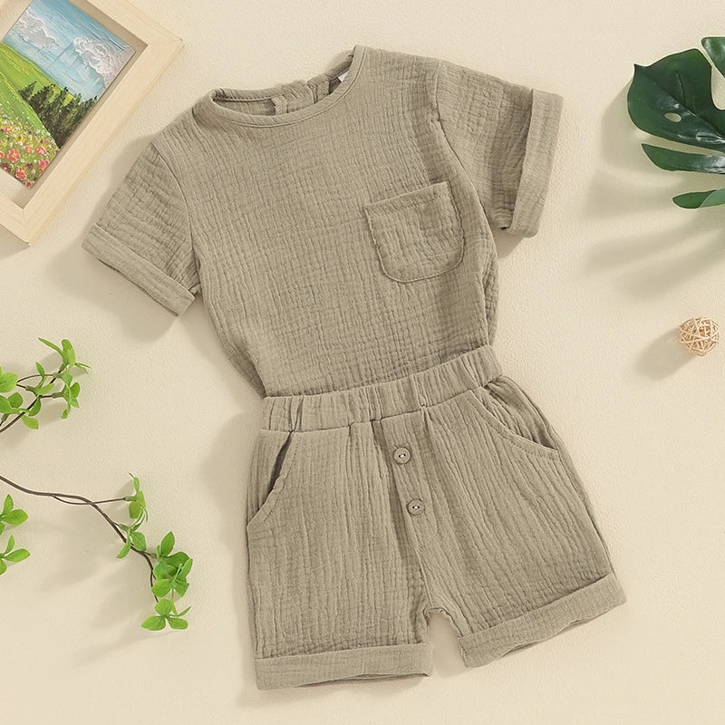 Baby Toddler Boys Girls 2Pcs Summer Clothes Set Solid Cotton Linen Pocket Short Sleeve Top + Button Pocket Shorts Beach Casual Outfit