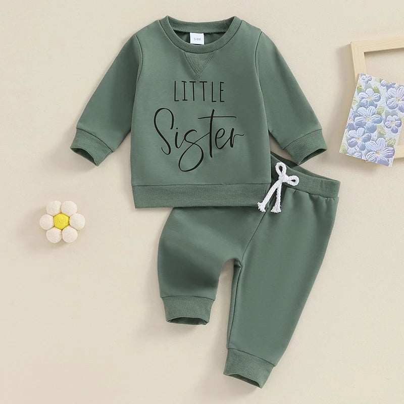 Baby Toddler Girls 2Pcs Little Sister Outfits Solid Color Long Sleeve Top Jogger Pants Set