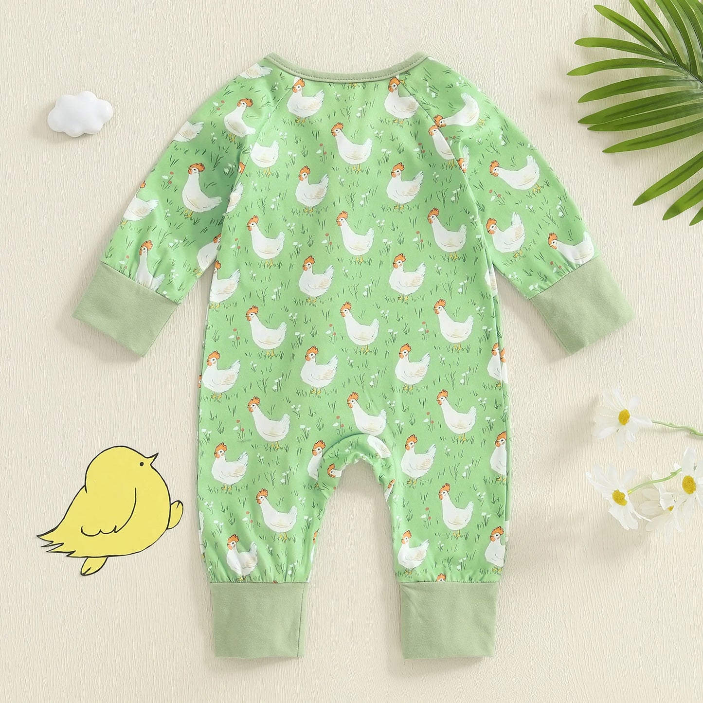 Baby Girl Boy Chicken Print Jumpsuit Long Sleeve Round Neck Zipper Romper