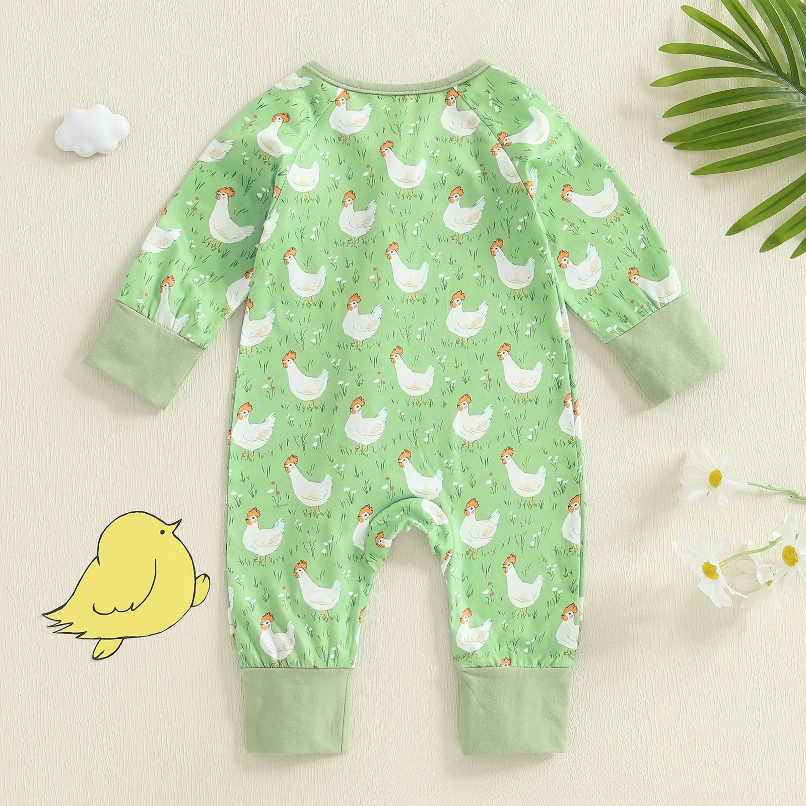 Baby Girl Boy Chicken Print Jumpsuit Long Sleeve Round Neck Zipper Romper