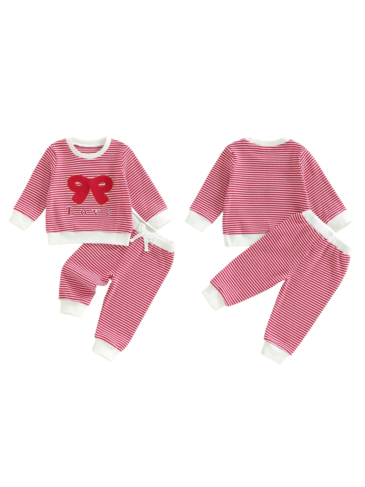Baby Toddler Girl 2Pcs Valentine's Day Outfit Striped Bow Letter Be Mine / Love Embroidered Long Sleeve Top and Pants 2 Jogger Set