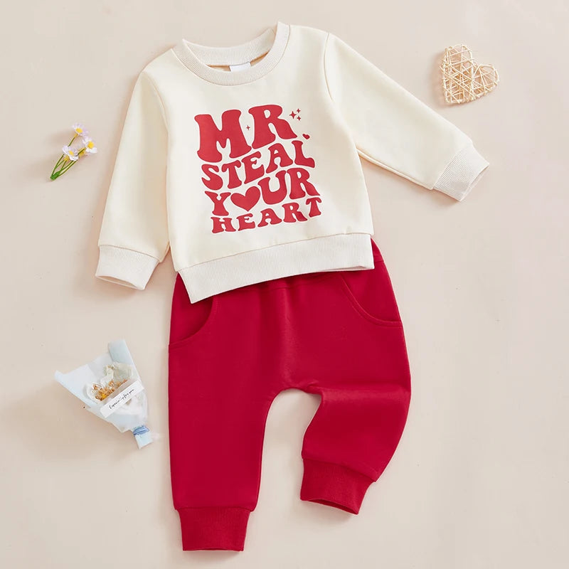 Baby Toddler Boys 2Pcs Valentine's Day Outfit Mr. Steal Your Heart Letter Print Long Sleeve Crewneck Top and Elastic Pants Valentines Jogger Set